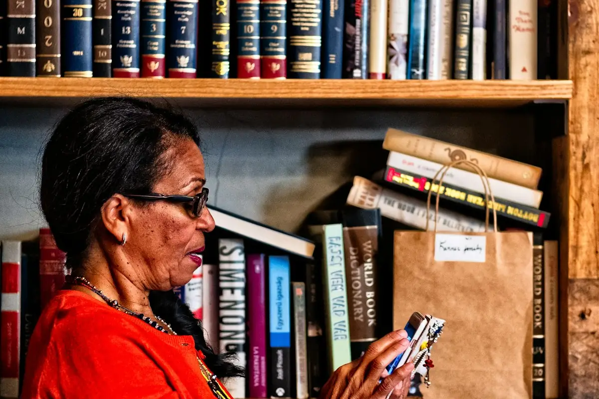 Phone near a bookshelf