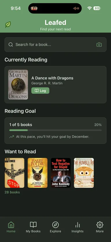 Leafed app library screen showing personal book shelves stored on device